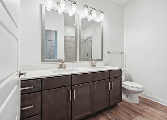 a bathroom with two sinks and a toilet