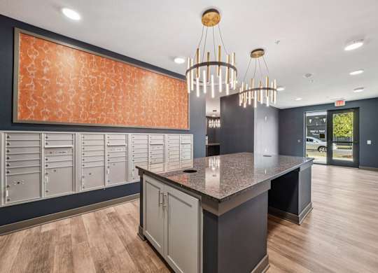 A kitchen with a counter and cabinets.