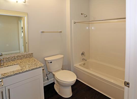 guest bathroom with tub and shower combo, granite countertops, and undermount sink.