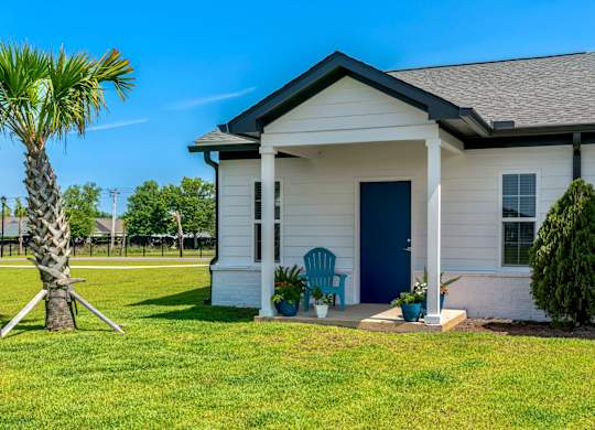 a small white house with a blue door and a palm tree in front of it