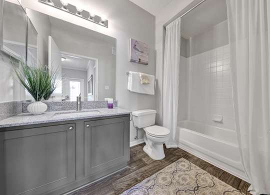 Bathroom with granite countertops and plank flooring at Village at Caldwell apartments in Birmingham, AL