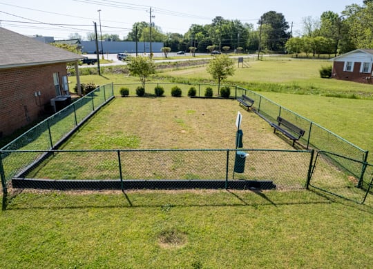 A black metal fence encloses a grassy yard.