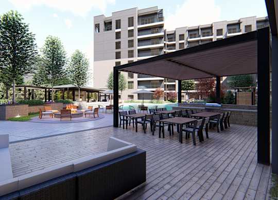 Poolside grilling station with large seating area at Zen City Center Troy, MI