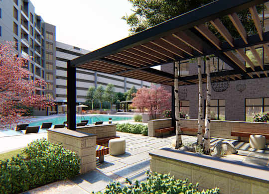 Poolside lounge area and covered pavilion at Zen City Center Troy, MI