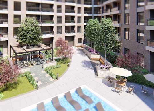 Arial view of Zen City Center luxury outdoor amenities in Troy, MI