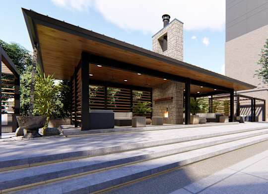 Poolside fireplace lounge at Zen City Center Troy, MI