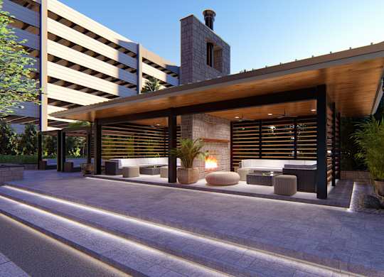 Modern outdoor firepit lounge area at Zen City Center Troy, Mi
