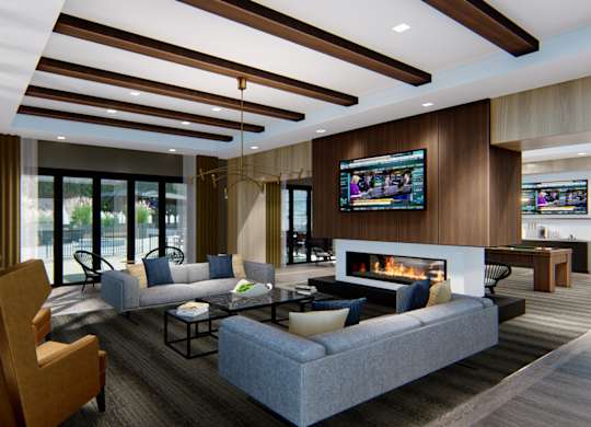 Resident social lounge with seating and a tv Zen City Center Troy, MI