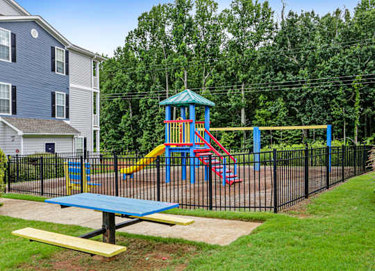 A playground with a blue slide and a yellow slide.
