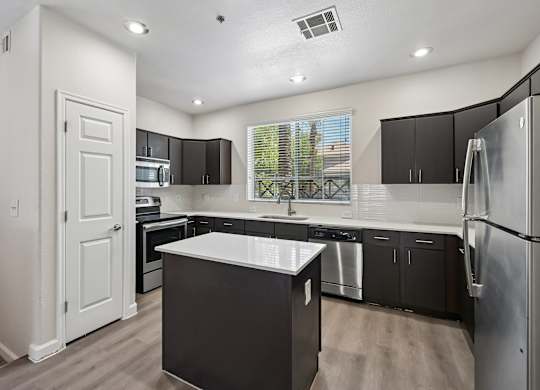 A modern kitchen with black cabinets and stainless steel appliances.