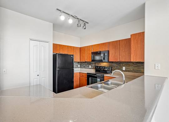 A kitchen with a black fridge, microwave, and stove.