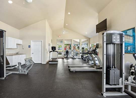 A spacious gym with a variety of equipment including treadmills, weights, and a television.