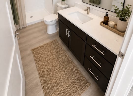 A bathroom with a white toilet, sink, and a brown rug.