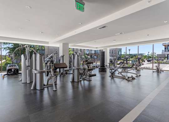 a gym with a view of the city