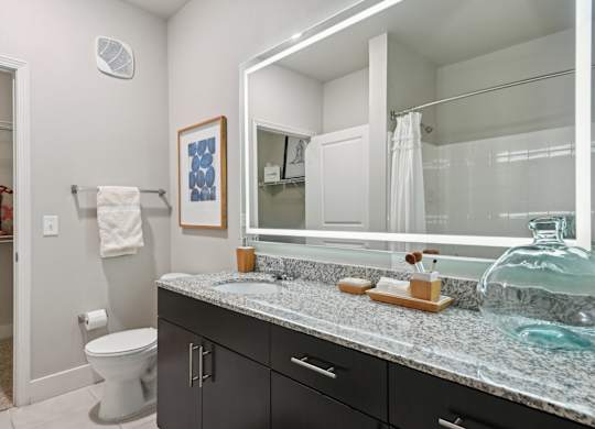 A bathroom with a toilet, sink, and mirror.