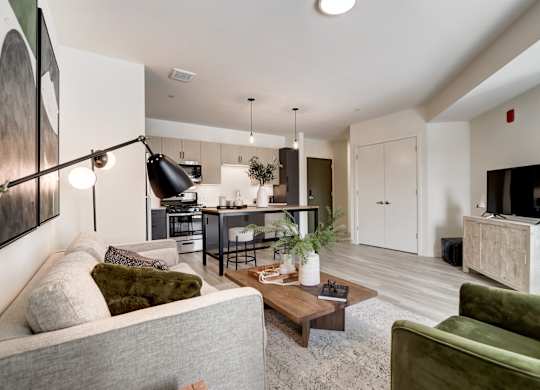 A modern living room with a grey couch and a green armchair.