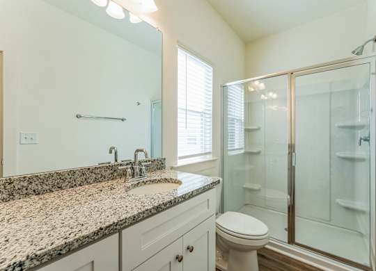 A bathroom with a granite countertop and a walk-in shower.