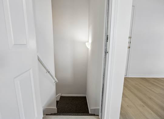 A white door to stairs leading to car garage at St Moritz in Dallas Texas.