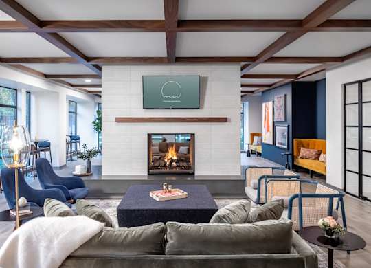 a living room with a fireplace and a couch and a table