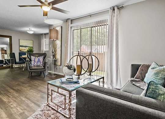 a living room with a couch and a table