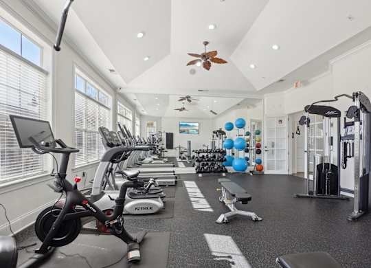 A gym with a variety of exercise equipment including treadmills, stationary bikes, and weight machines.