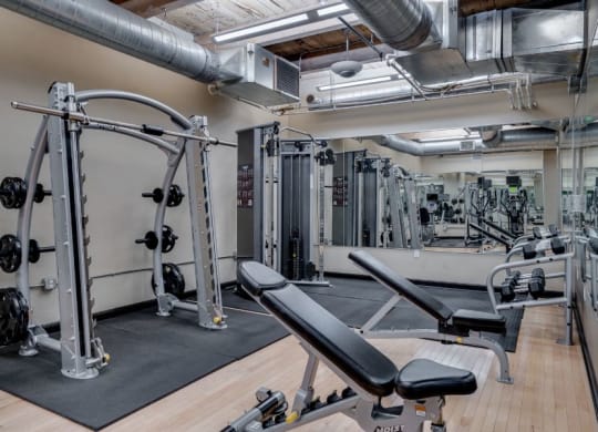 Gym with various weightlifting equipment C&E Living in St Paul, MN