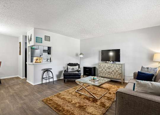 A living room with a couch, a coffee table, and a television.