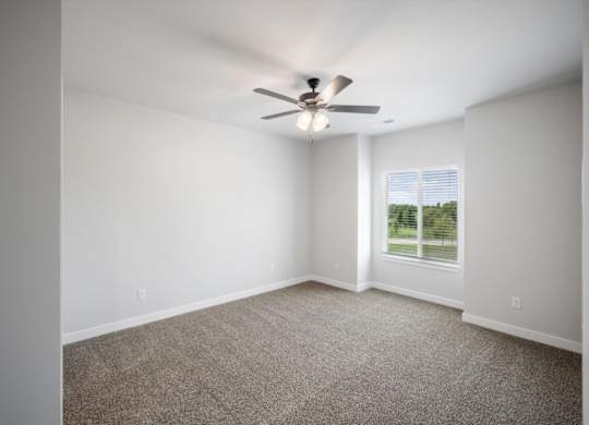 A room with a ceiling fan and carpeted floor.