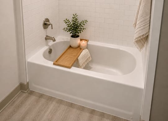 A white tiled bathroom with a white tub and a white shower head.