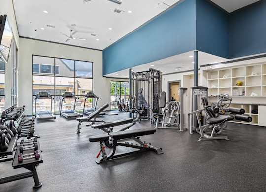A gym with a variety of equipment including weights and cardio machines.