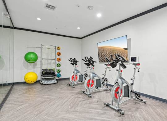 A room with exercise equipment and a TV showing a desert landscape.
