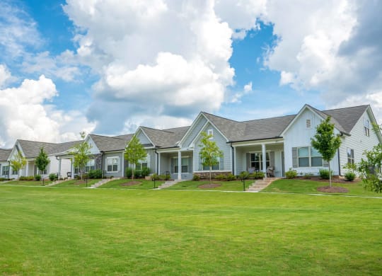 a row of houses with a green lawn in front of them