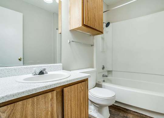 a bathroom with a sink toilet and a bath tub
