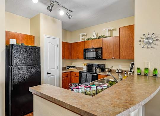 A kitchen with a black fridge and wooden cabinets.