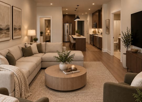 A modern living room with a large sectional sofa, a coffee table, and a rug.