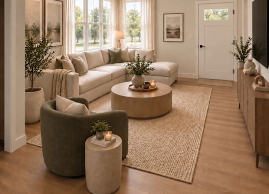 A modern living room with a large couch, a coffee table, and a flat-screen TV.