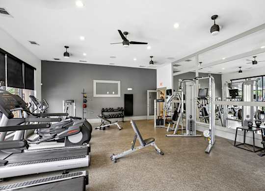 A spacious gym with treadmills, weights, and exercise equipment.