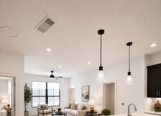 A modern kitchen with a large island and pendant lights.