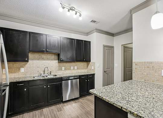 A kitchen with black cabinets and a granite countertop.