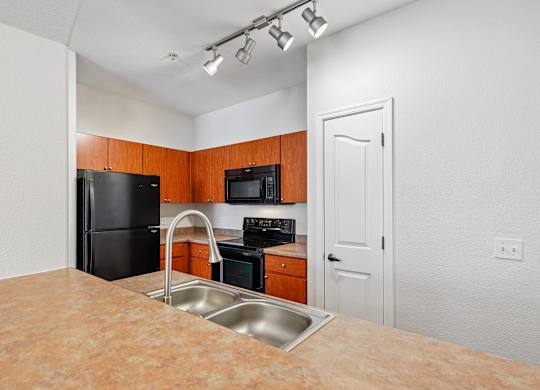 A kitchen with black appliances and wooden cabinets.