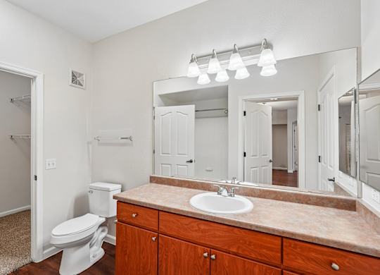 A bathroom with a toilet, sink, and mirror.