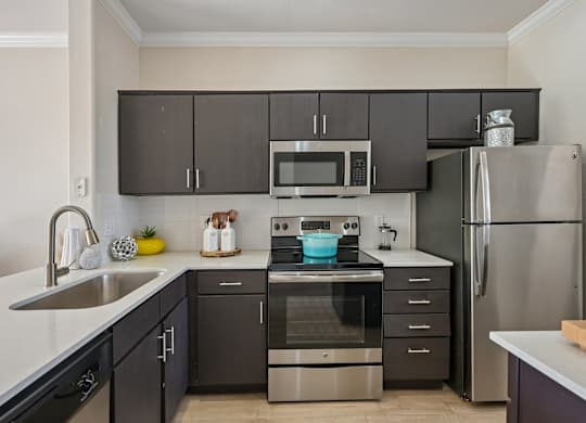 A modern kitchen with dark brown cabinets and stainless steel appliances.