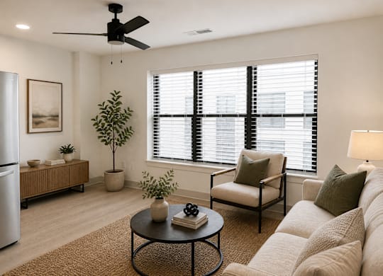 Kokomo, IN, Pet-Friendly Apartments - The Elwood Apartments - Living Room Featuring A Neutral Sofa, Armchair, Round Coffee Table, Indoor Plants, And Large Windows.
