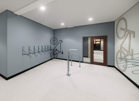 A room with a bicycle drawing on the wall and a rack of bicycles.