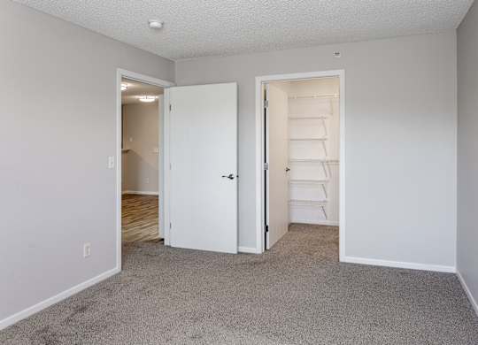 an empty bedroom with a closet and an open door to the bathroom