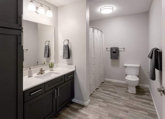 an open bathroom with a shower and sink and a toilet