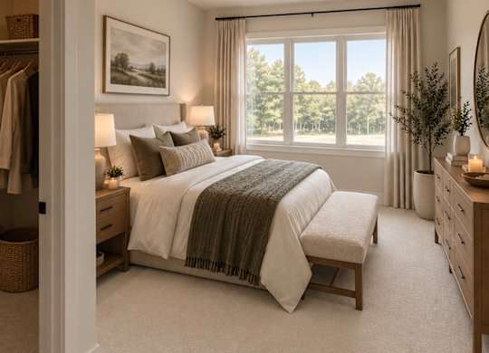 A bedroom with a large bed, a window with curtains, and a painting on the wall.