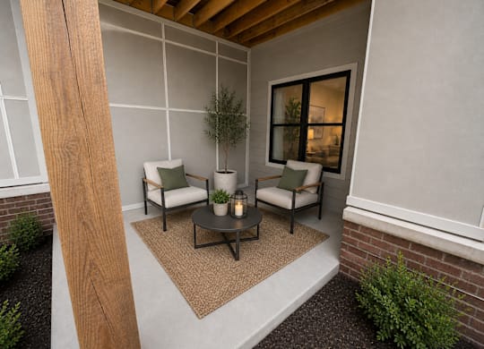 A cozy outdoor seating area with a couch, chairs, and a table.