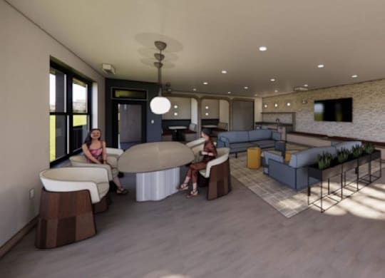 A modern living room with a sofa set and a kitchen area.