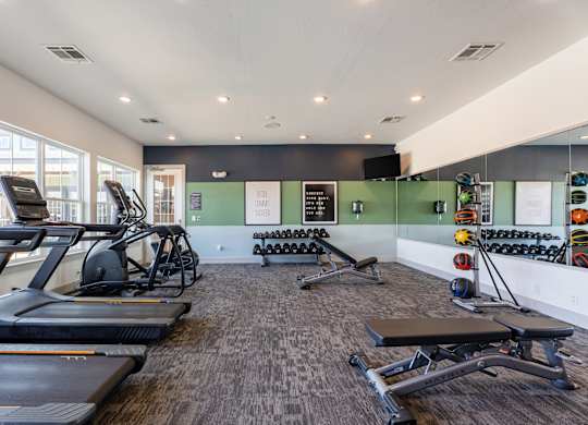A gym with treadmills, exercise bikes, and weight racks.